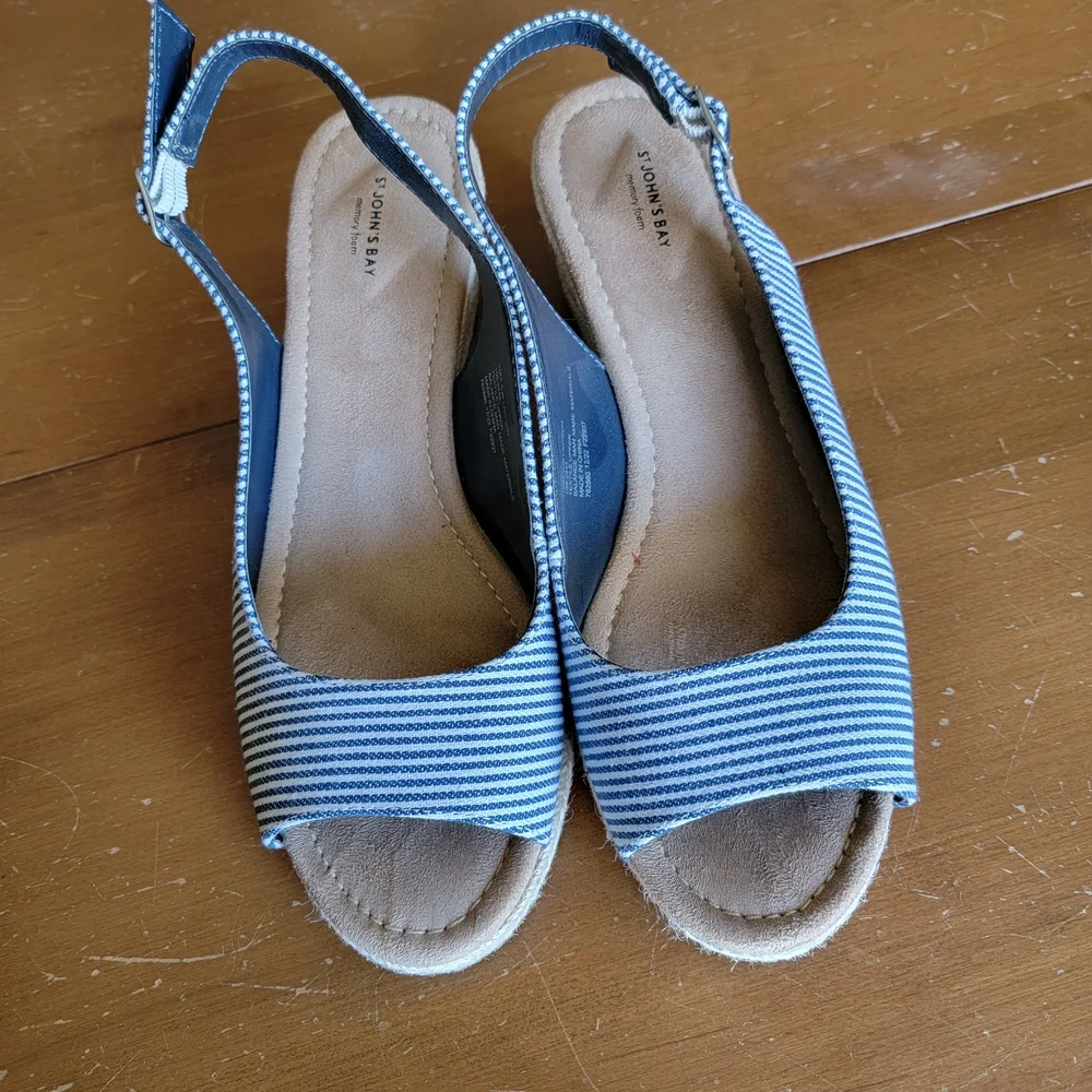 St John's Bay Blue Striped Lawson Wedge Open Toe Sandals Size 10